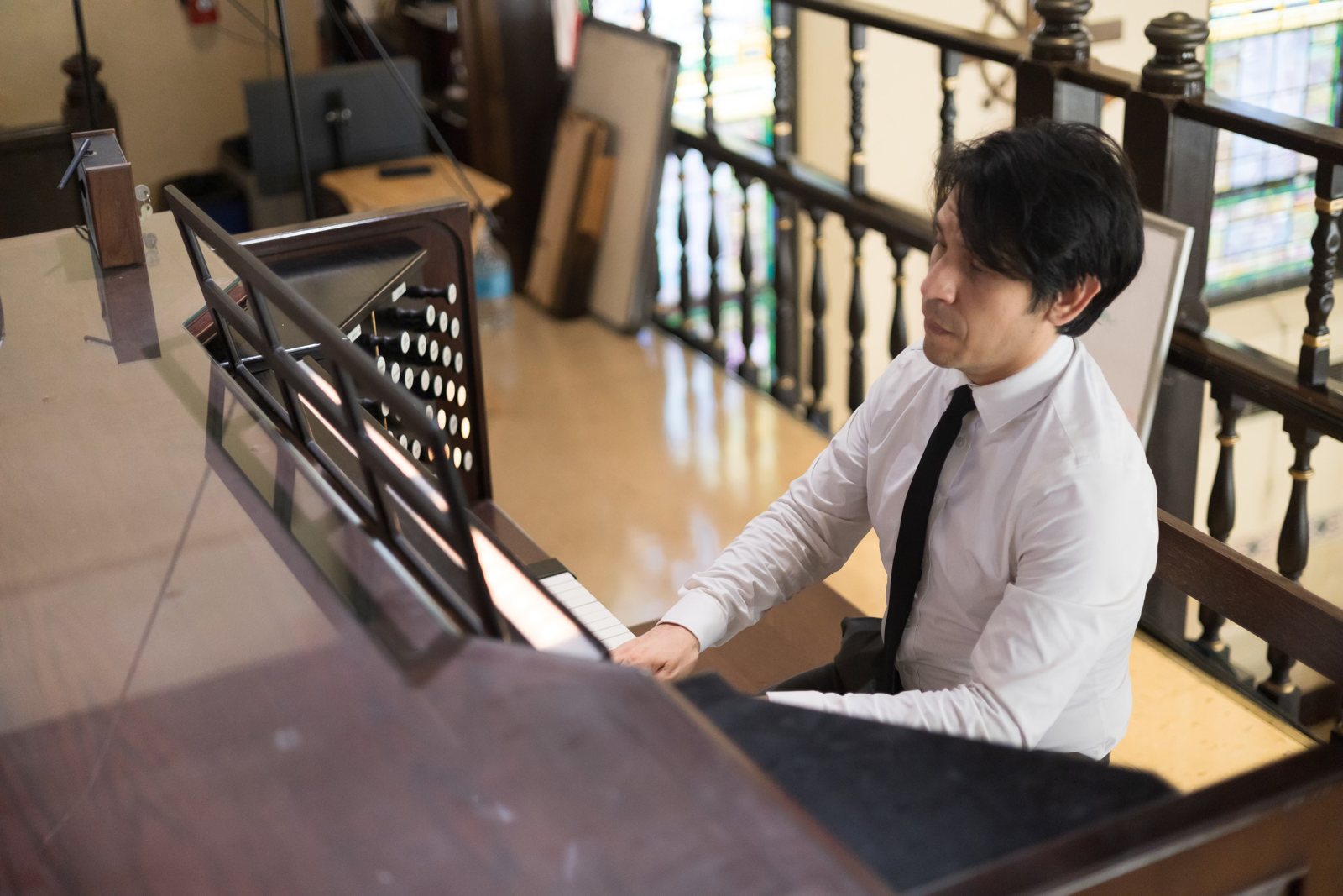 The organ console from the loft